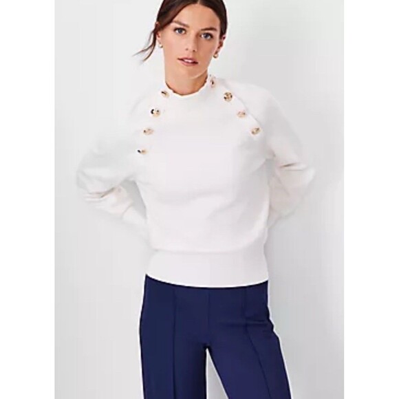 Ann Taylor Women's White Raglan Sleeve Gold Button Mock Neck Sweater Size Small - Picture 2 of 9